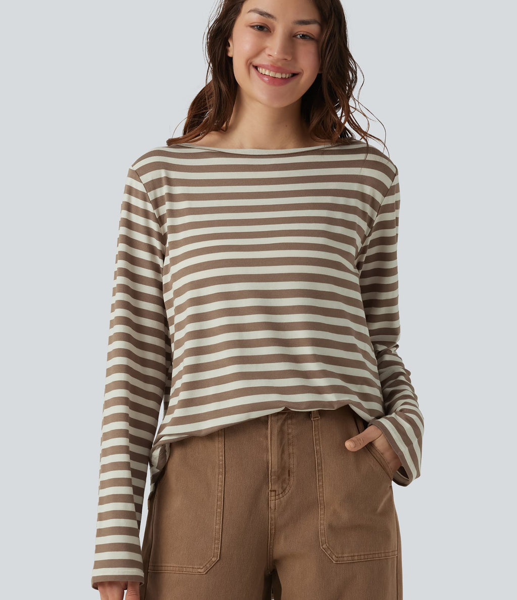 T-shirt casual rayé à col bateau, manches longues et ourlet arrondi
