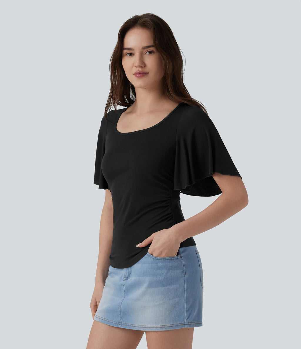 T-shirt décontracté maille côtelée col carré manches papillon froncé