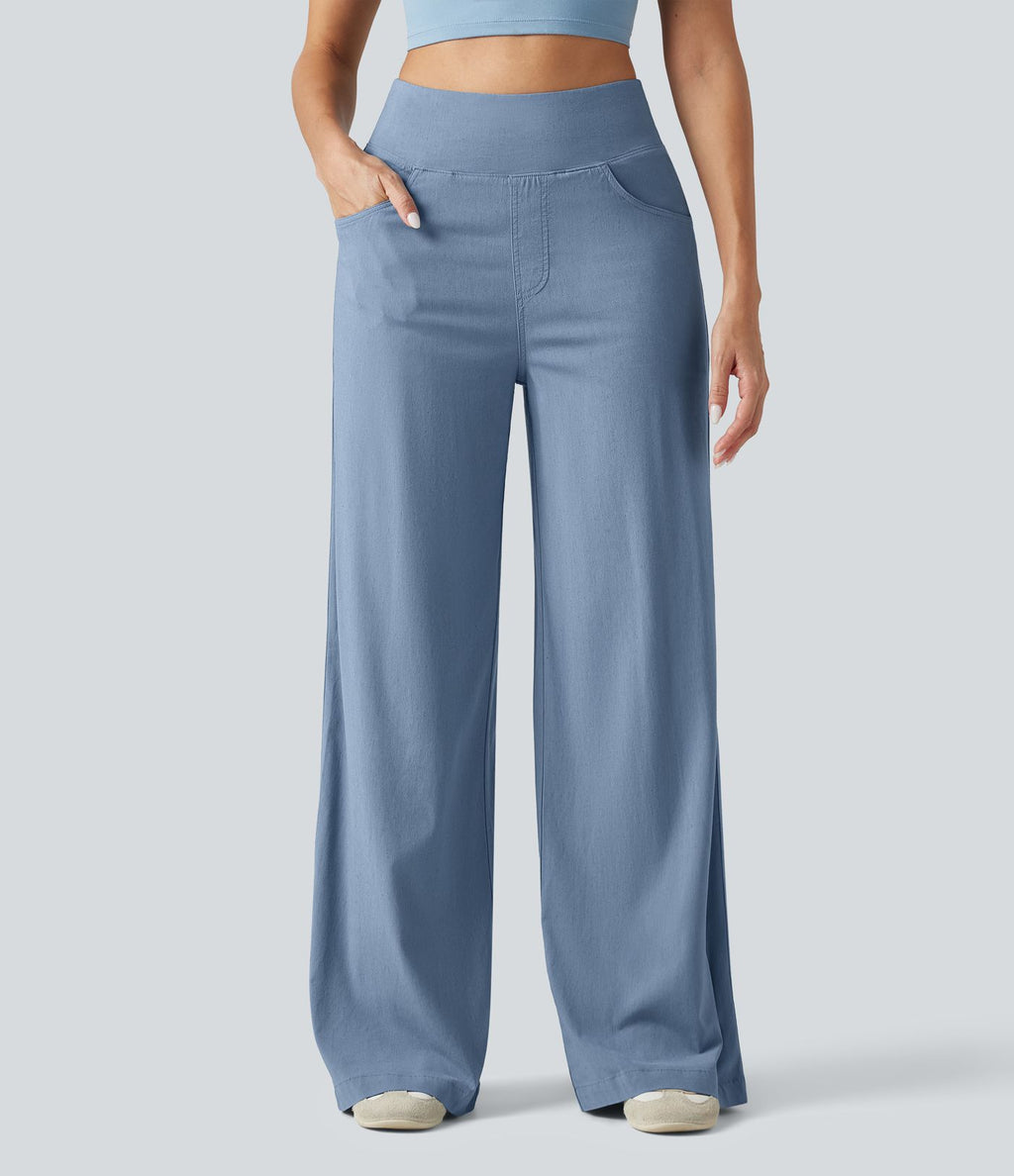 Pantalon large fluide décontracté en lin stretch taille haute gainant avec poches