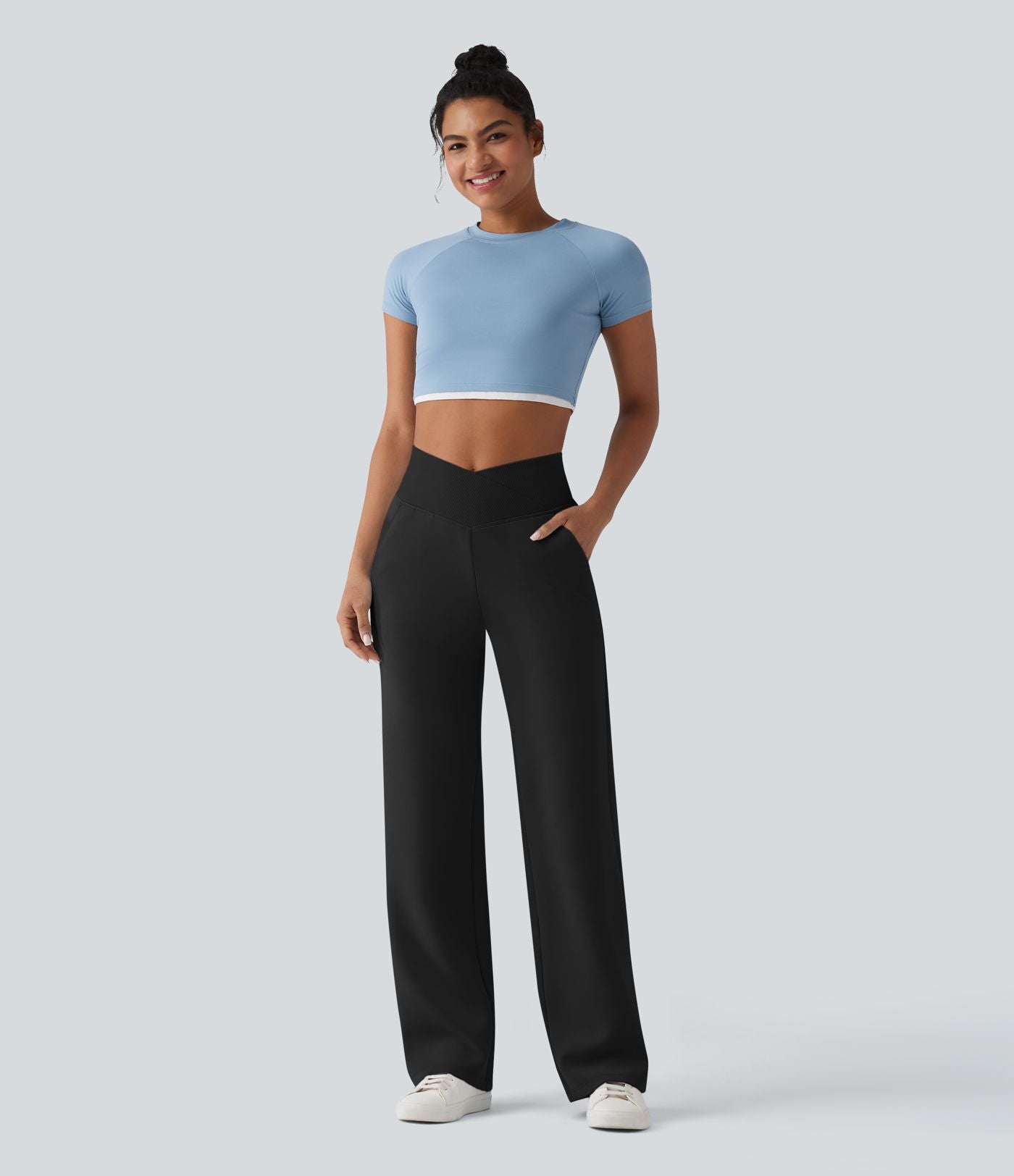 Pantalon décontracté SpacerTek™ taille haute croisée, jambes droites avec poches