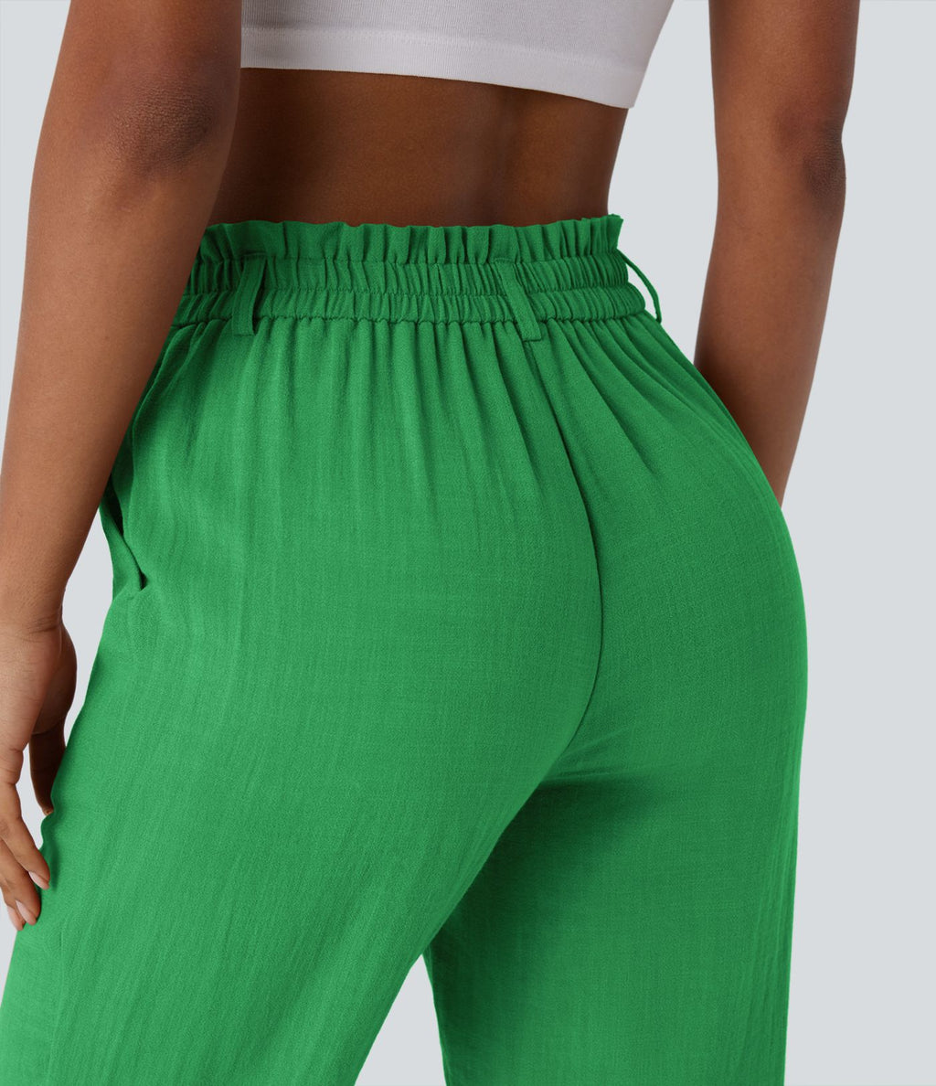 Pantalon capri effet lin taille haute avec poches zippées