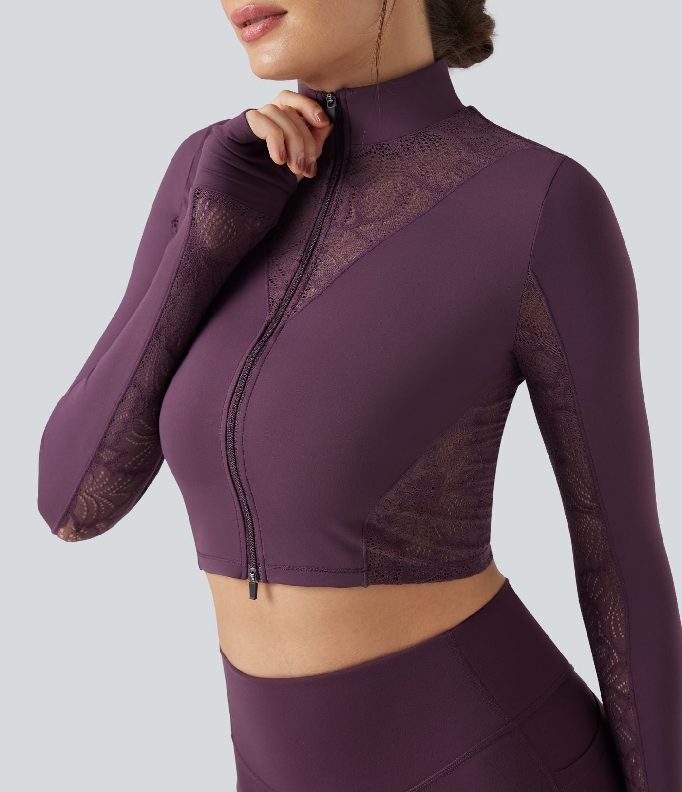 Veste de yoga SoftlyZero™ dentelle contrastante double zip à trous pouces - UPF50+
