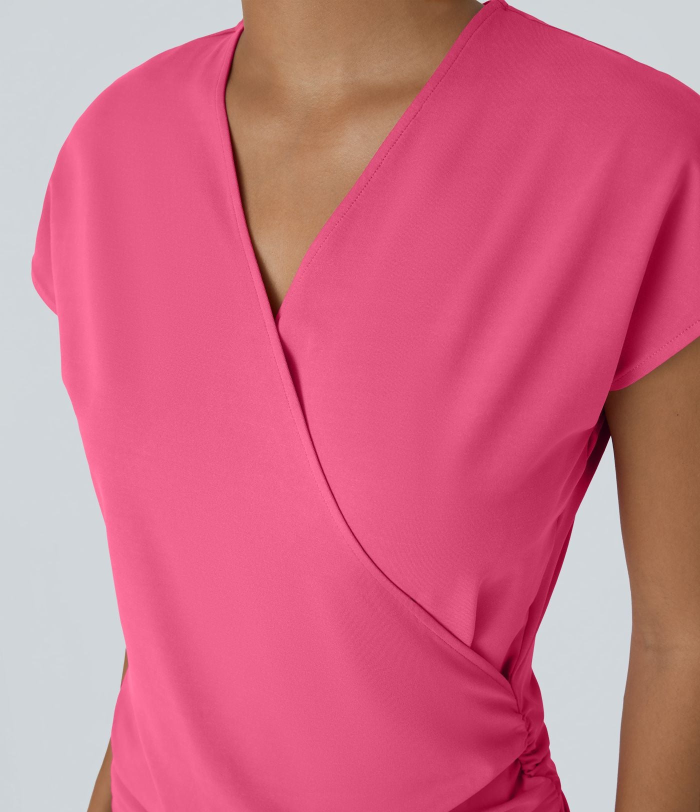 Blouse Travail Unie Froncée Croisée Manches Courtes Col en V