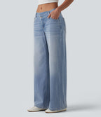 Halara Flex™ Jean large asymétrique taille basse avec bouton, fermeture éclair et poches multiples, délavé et extensible en maille