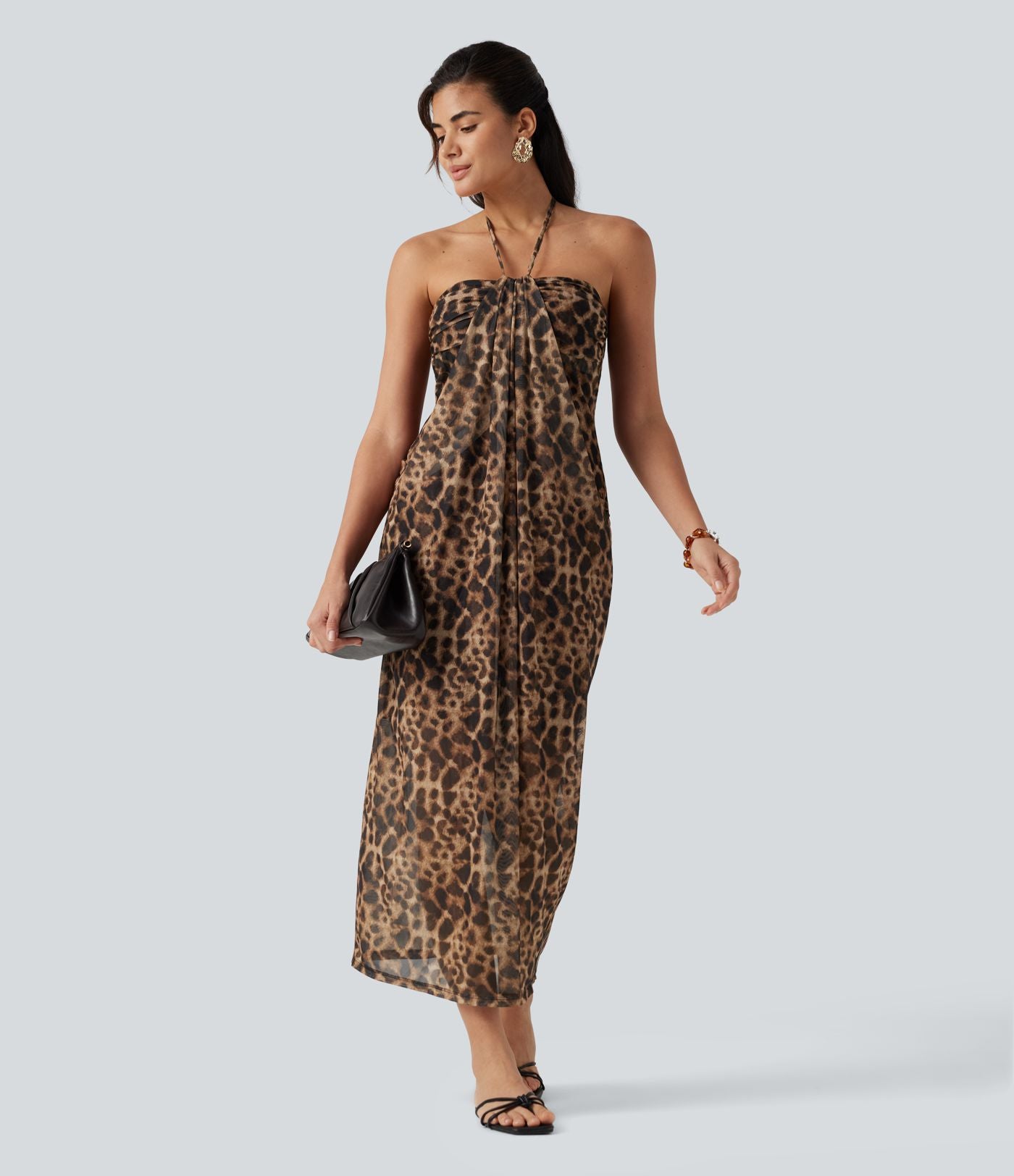 Robe maxi imprimé léopard dos nu à nouer avec brassière intégrée