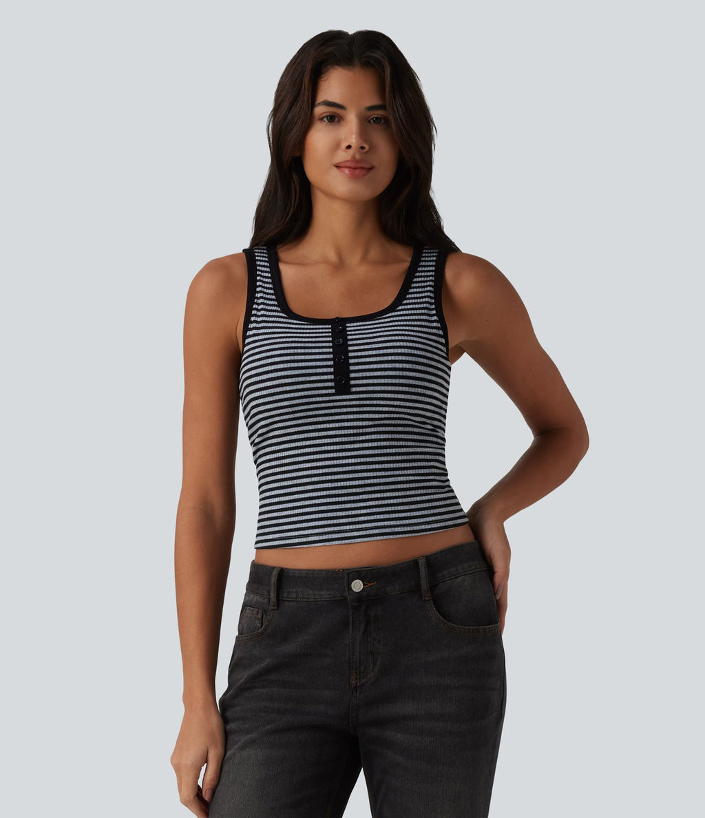 Débardeur casual côtelé à rayures col U avec soutien-gorge intégré
