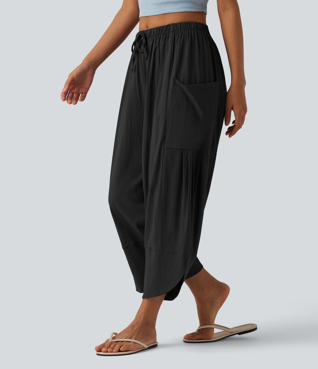 Pantalon court décontracté taille haute avec cordon de serrage, ourlet arrondi, effet lin et poches