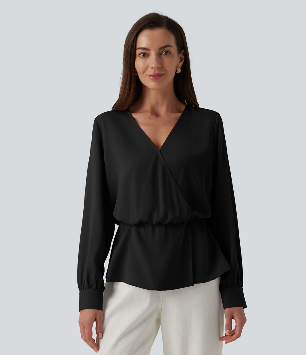 Blouse esprit bureau défroissage facile, col V cache-cœur avec boutons-pression, manches longues et coupe ample