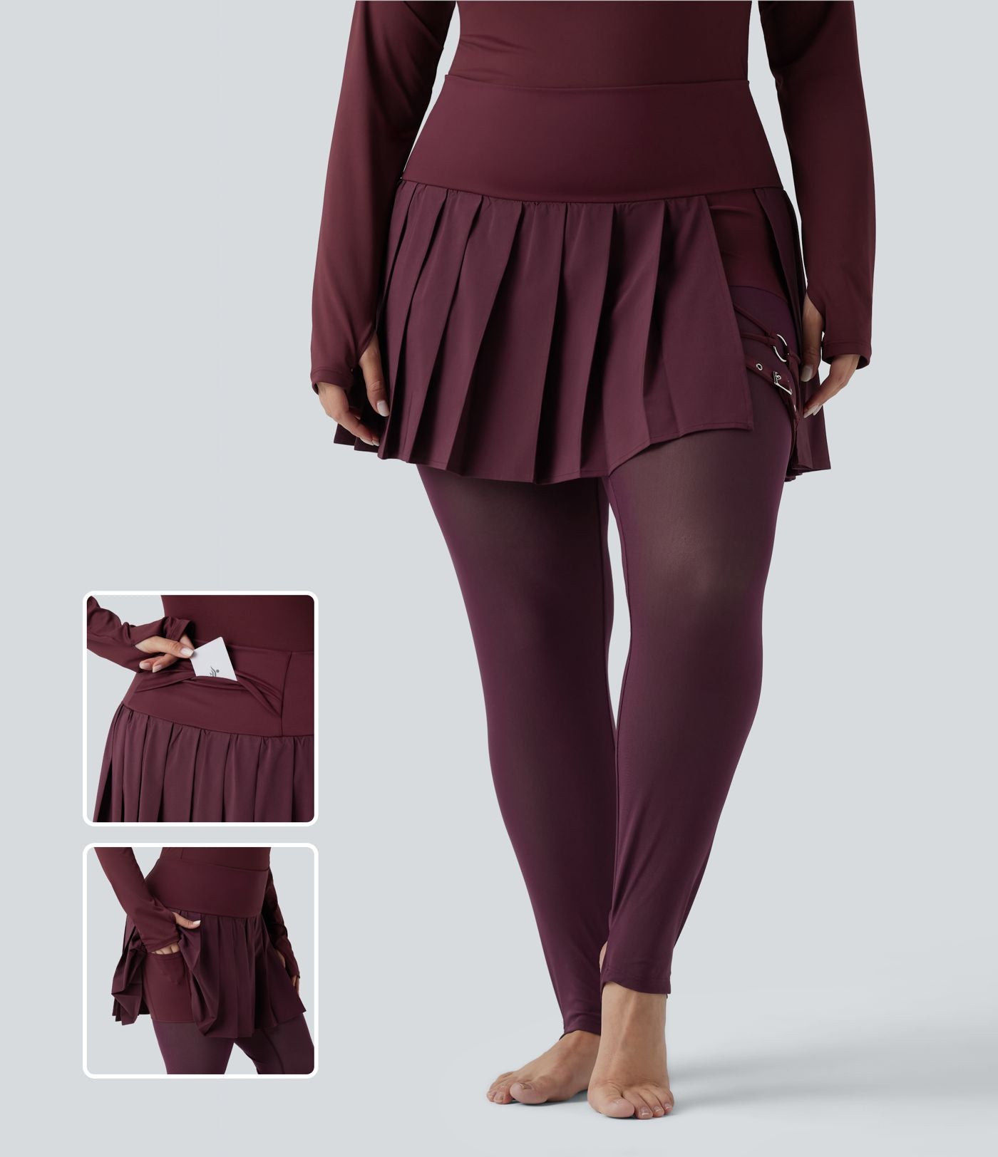 Legging-jupe grande taille à étriers de danse avec mesh contrastant plissé taille haute séchage rapide Breezeful™ et poches