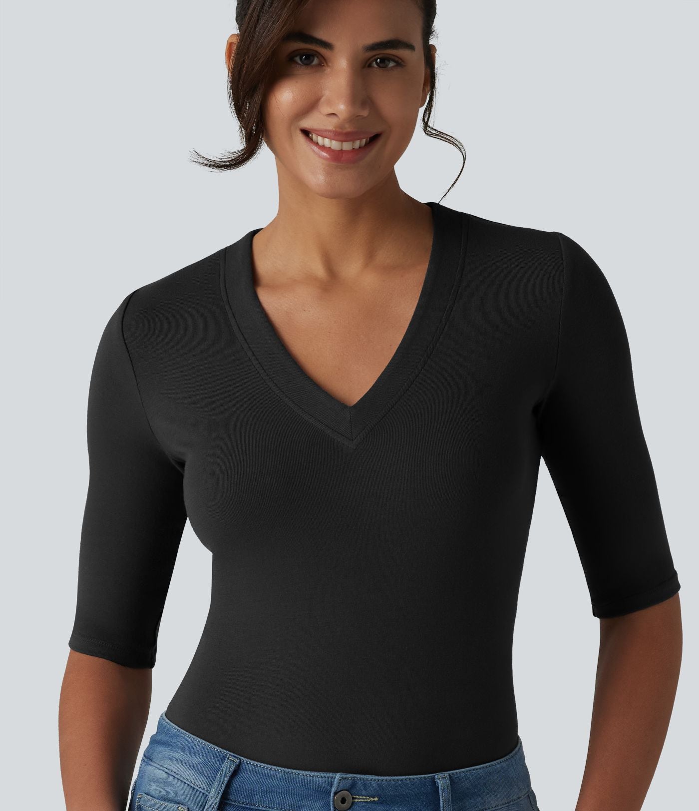 T-shirt décontracté col V manches mi-longues en maille côtelée
