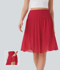 Jupe casual midi fluide 2-en-1 taille haute froncée maille contrastante avec poches latérales