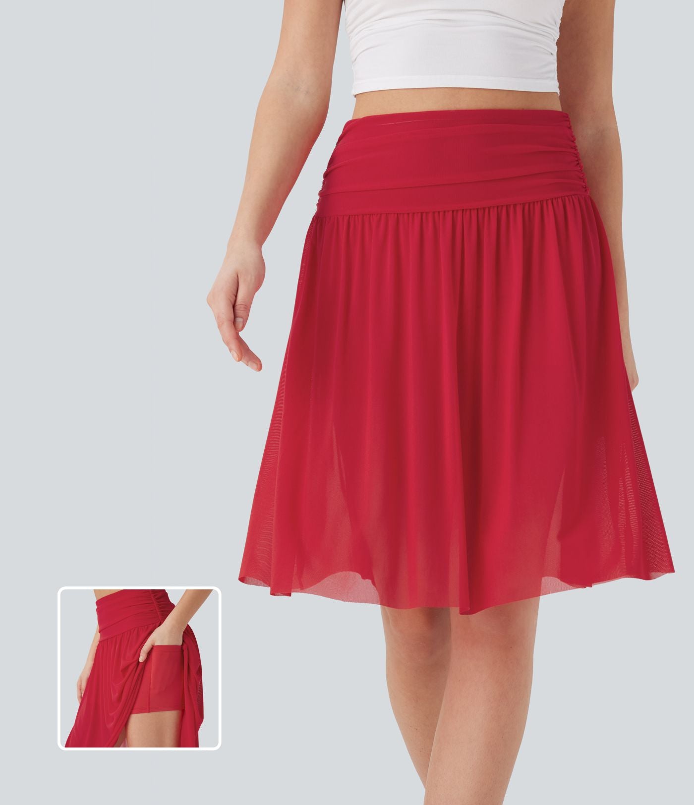 Jupe casual midi fluide 2-en-1 taille haute froncée maille contrastante avec poches latérales