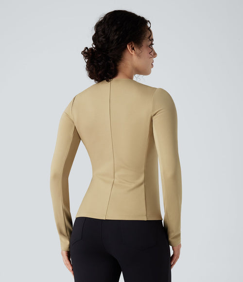 Blazer de travail col rond froncé zippé à manches longues