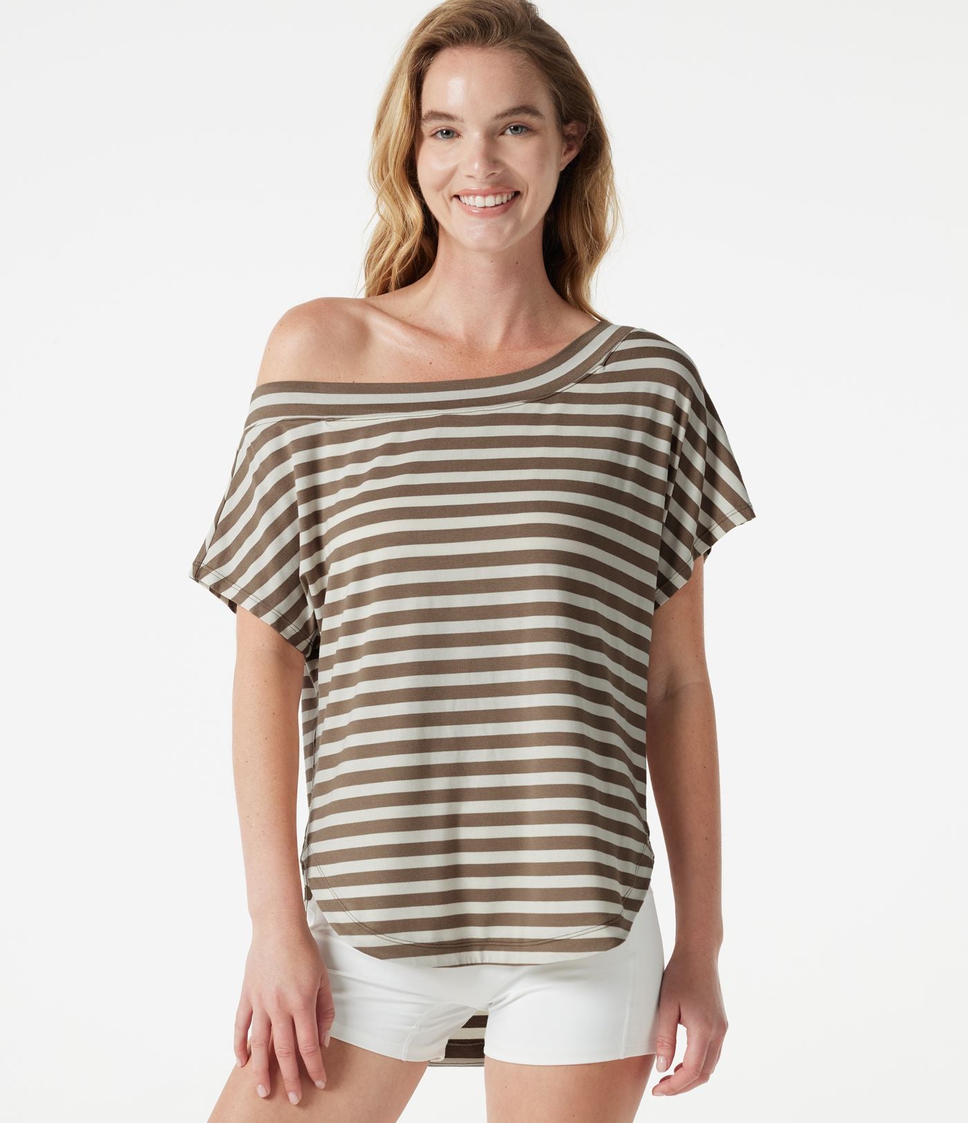 Top casual asymétrique épaule dénudée à rayures, manches courtes, ourlet incurvé et brassière intégrée