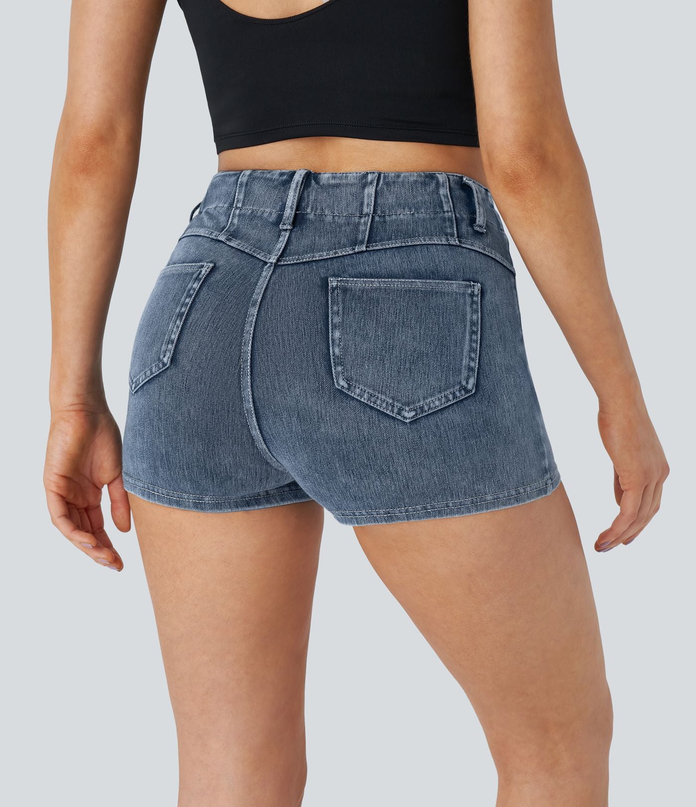 Halara Flex™ Short 5cmCasual Taille Haute en Denim Tricoté Stretch avec Boutons Décoratifs et Poches Arrière