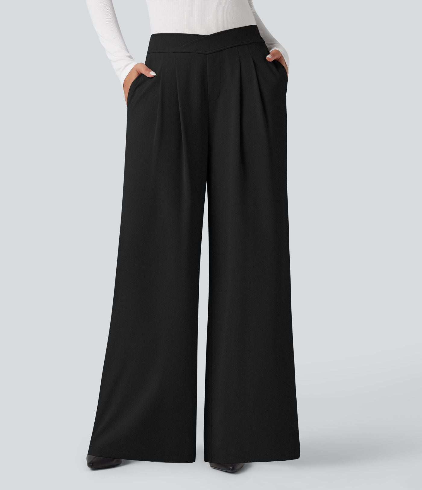 Pantalon tailleur large taille haute croisée avec poches