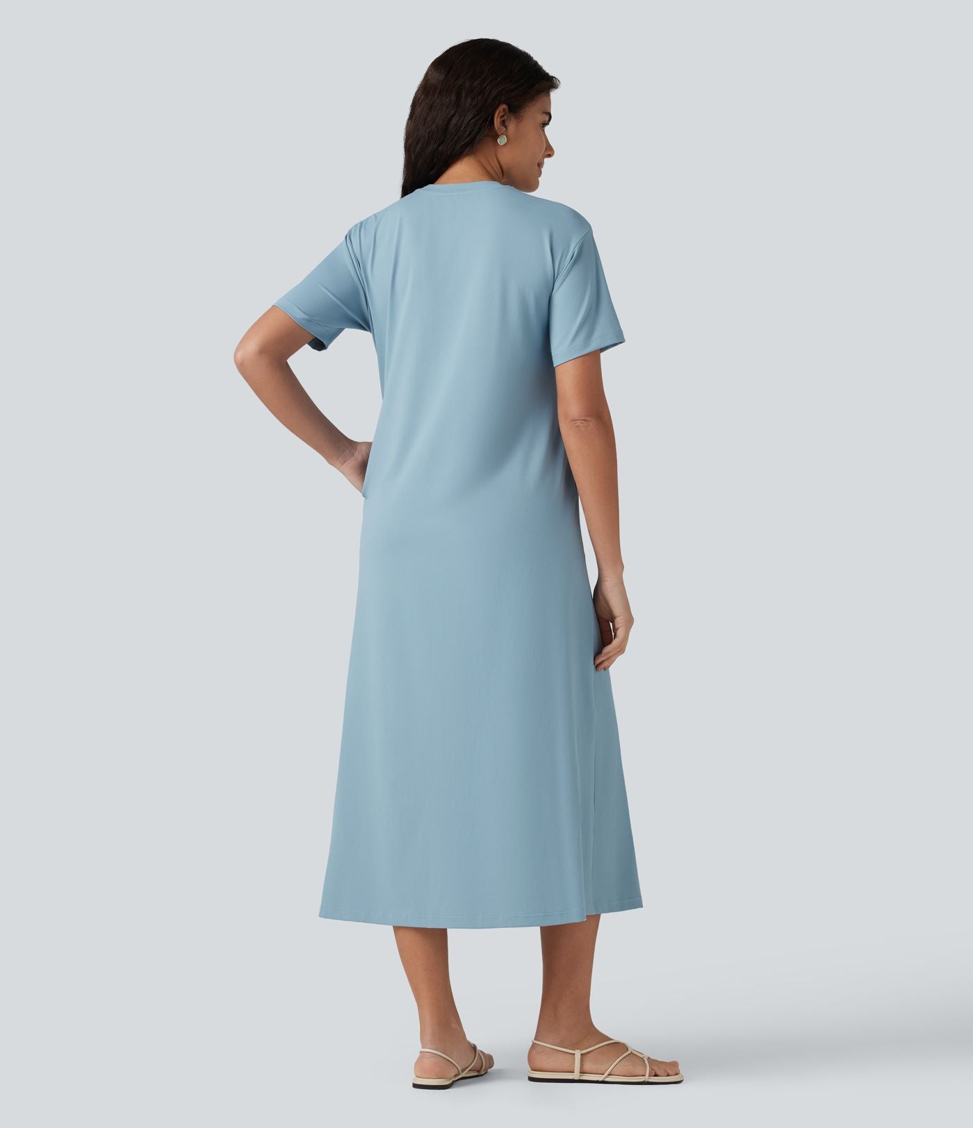 Robe midi décontractée à col rond, manches courtes et poches