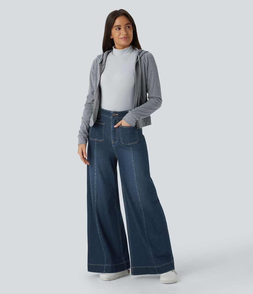 Halara Flex™ Jean large Palazzo et Taille Haute avec Poches Avant en Tricot Extensible Lavé