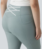 Legging sport grande taille en maille côtelé, effet ventre plat, taille haute avec poches