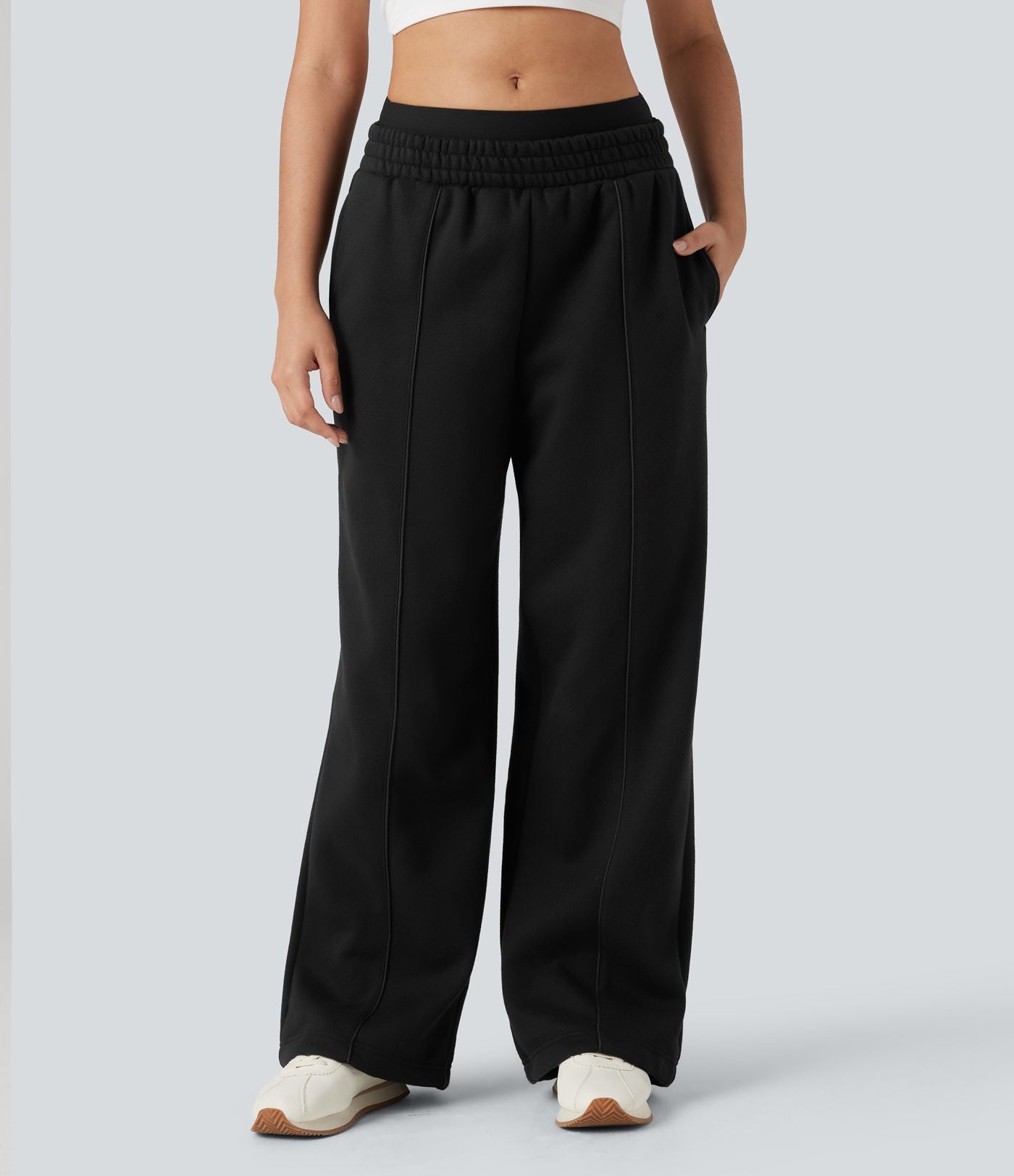 Pantalon large fluide polaire color block double ceinture gainant taille haute avec poches