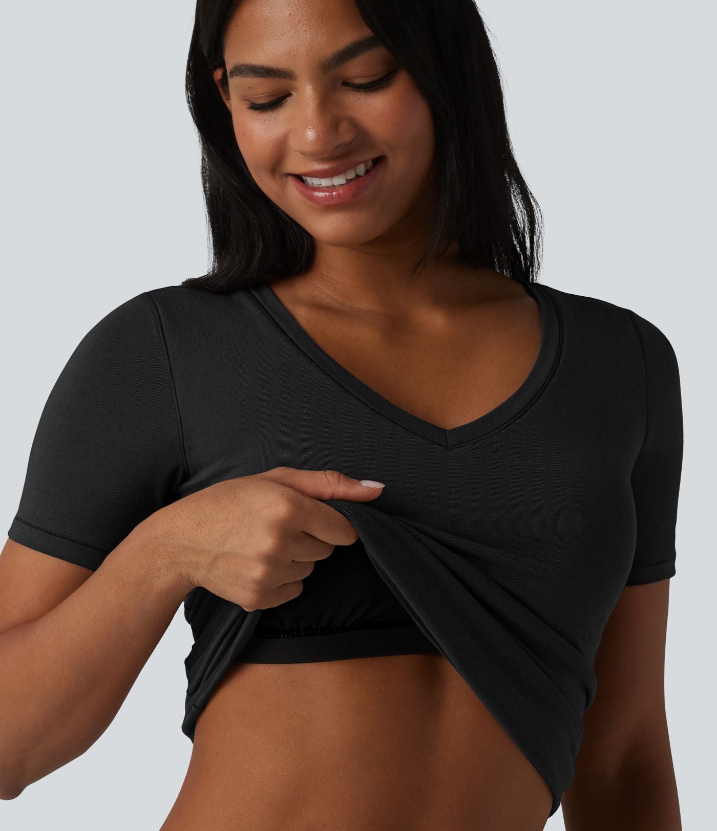 Halara T-shirt décontracté en jersey de coton col V manches courtes avec soutien-gorge intégré bonnets B-DD