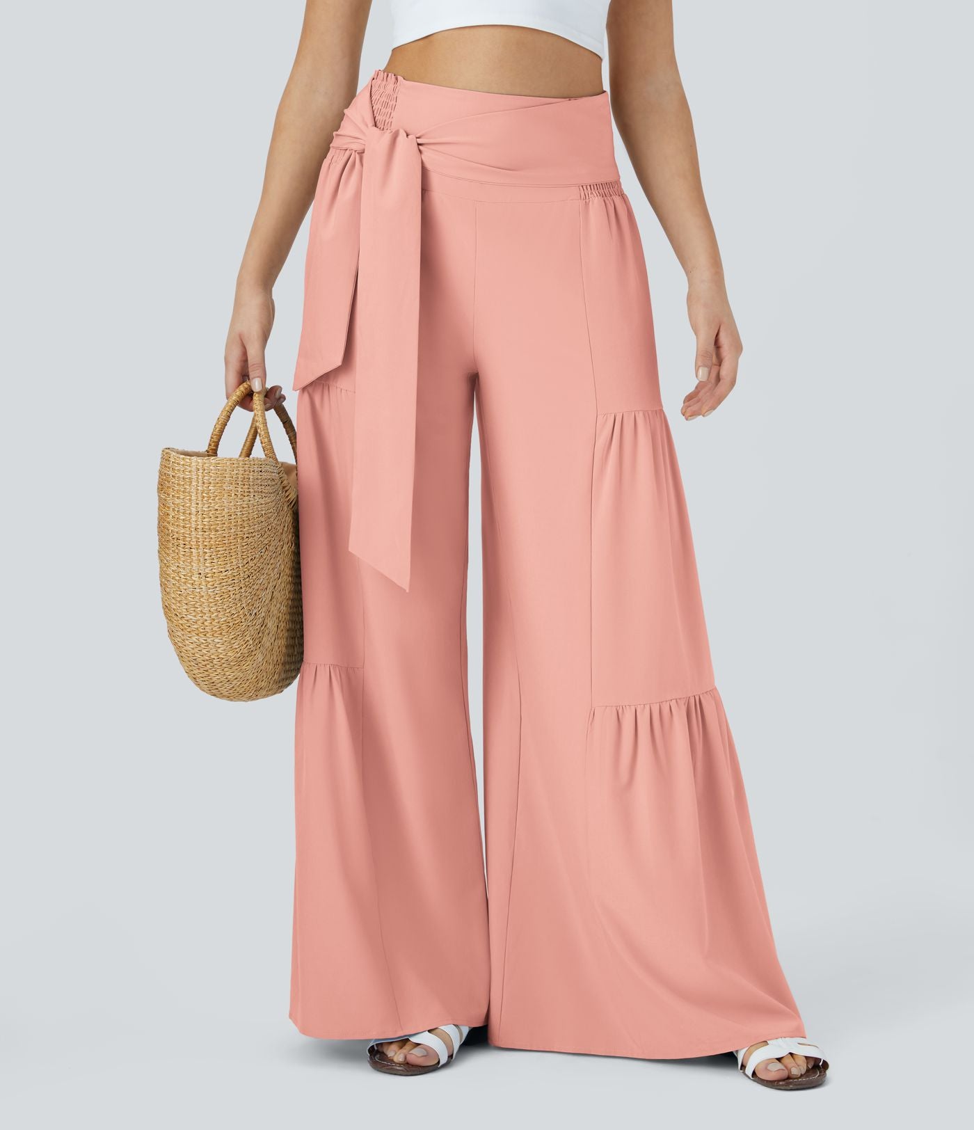Breezeful™ Pantalon Large Casual Taille Haute Froncé à Nouer Devant et Dos Fluide Séchage Rapide