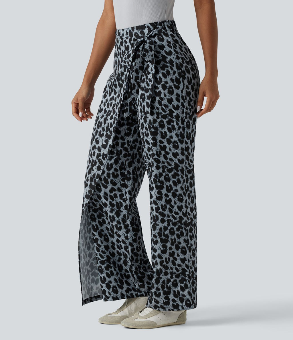 Pantalon tailleur large taille haute imprimé léopard avec liens latéraux