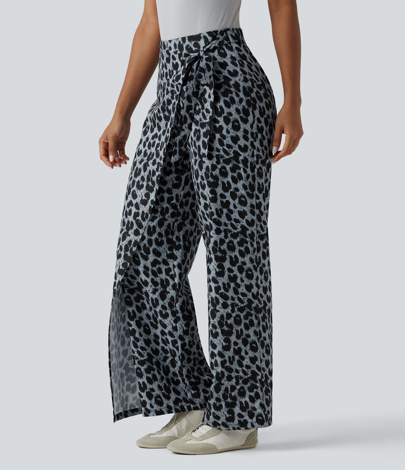 Pantalon tailleur large taille haute imprimé léopard avec liens latéraux