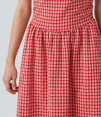 Robe midi décontractée à carreaux vichy, col bateau, sans manches, avec poches