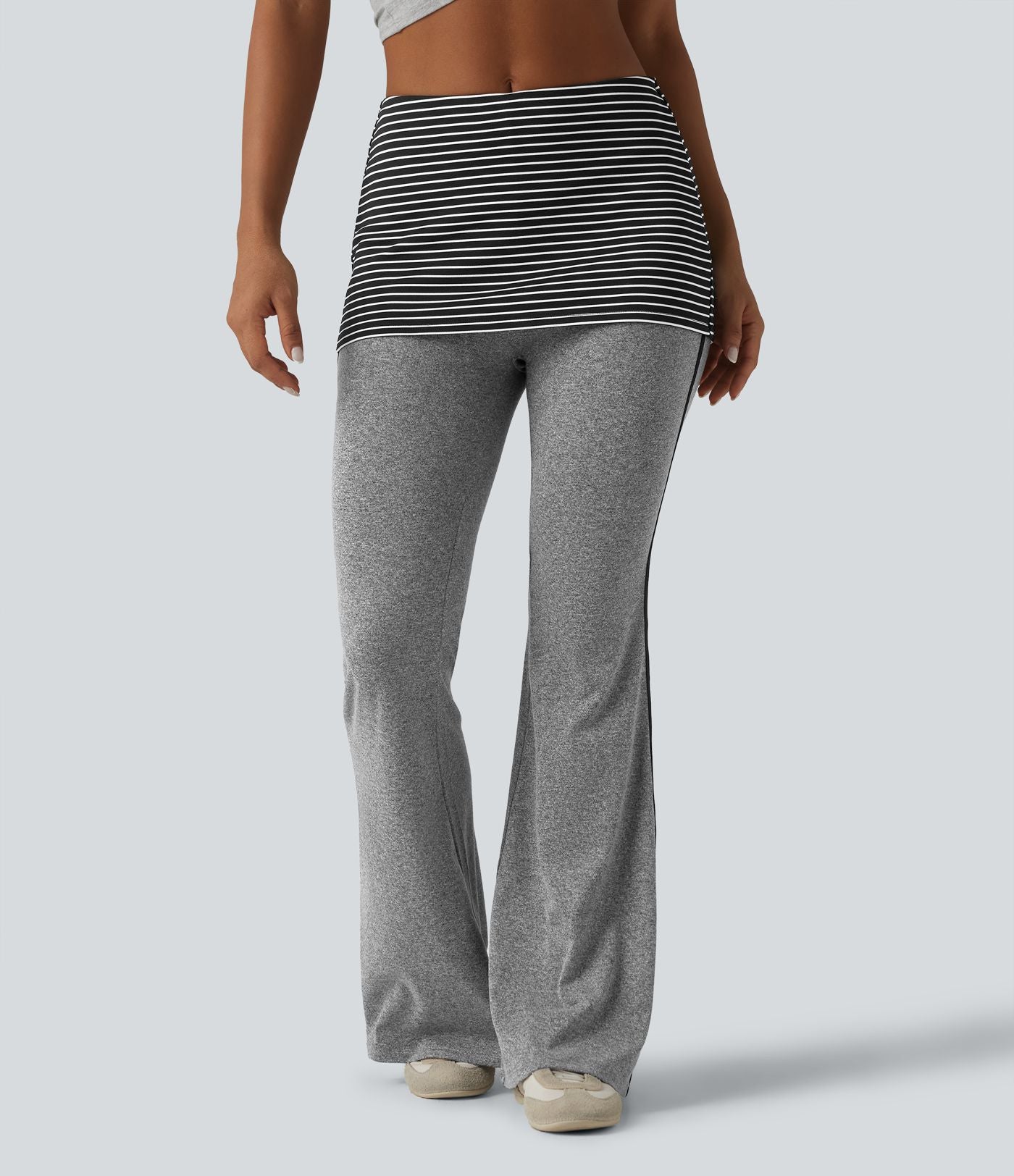 Pantalon évasé casual taille mi-haute à rayures avec ceinture repliable