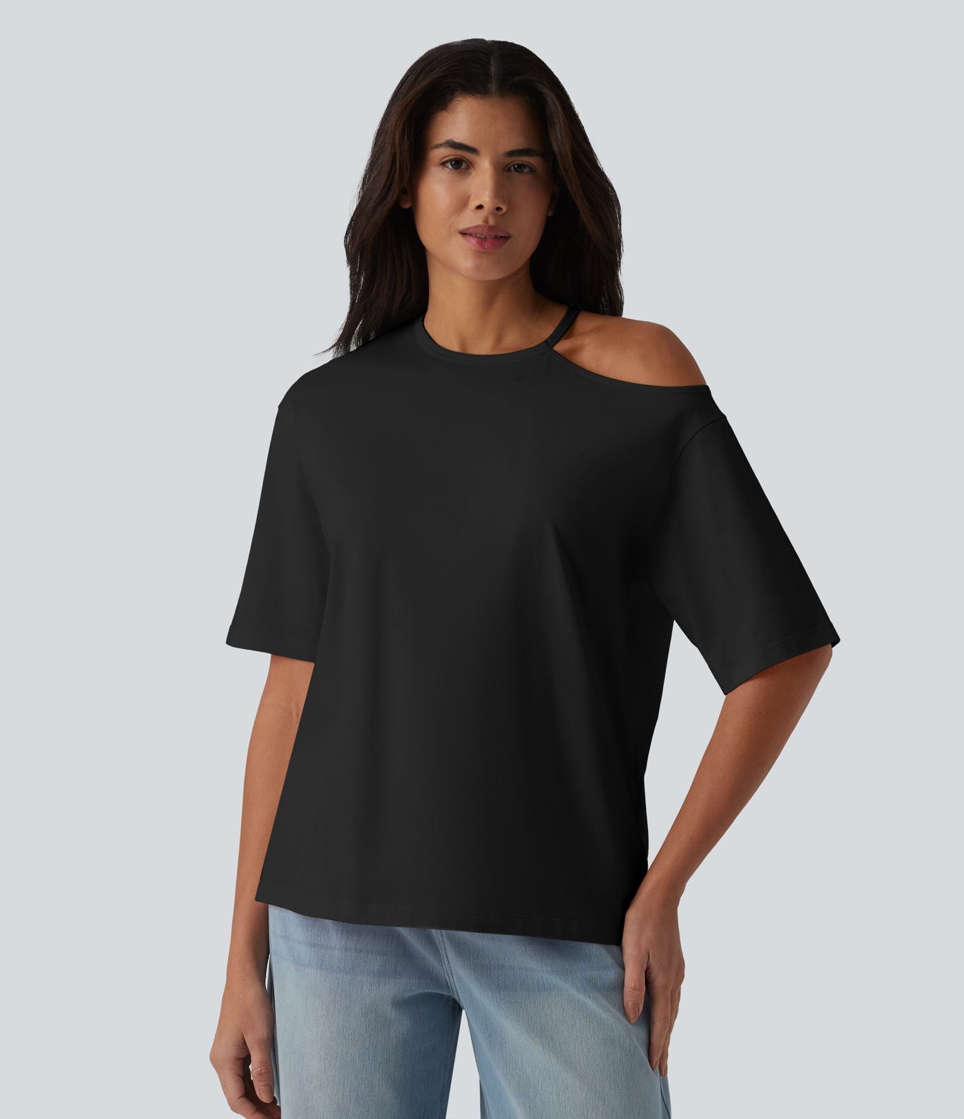 T-shirt décontracté en coton, encolure ronde, découpes et manches mi-longues