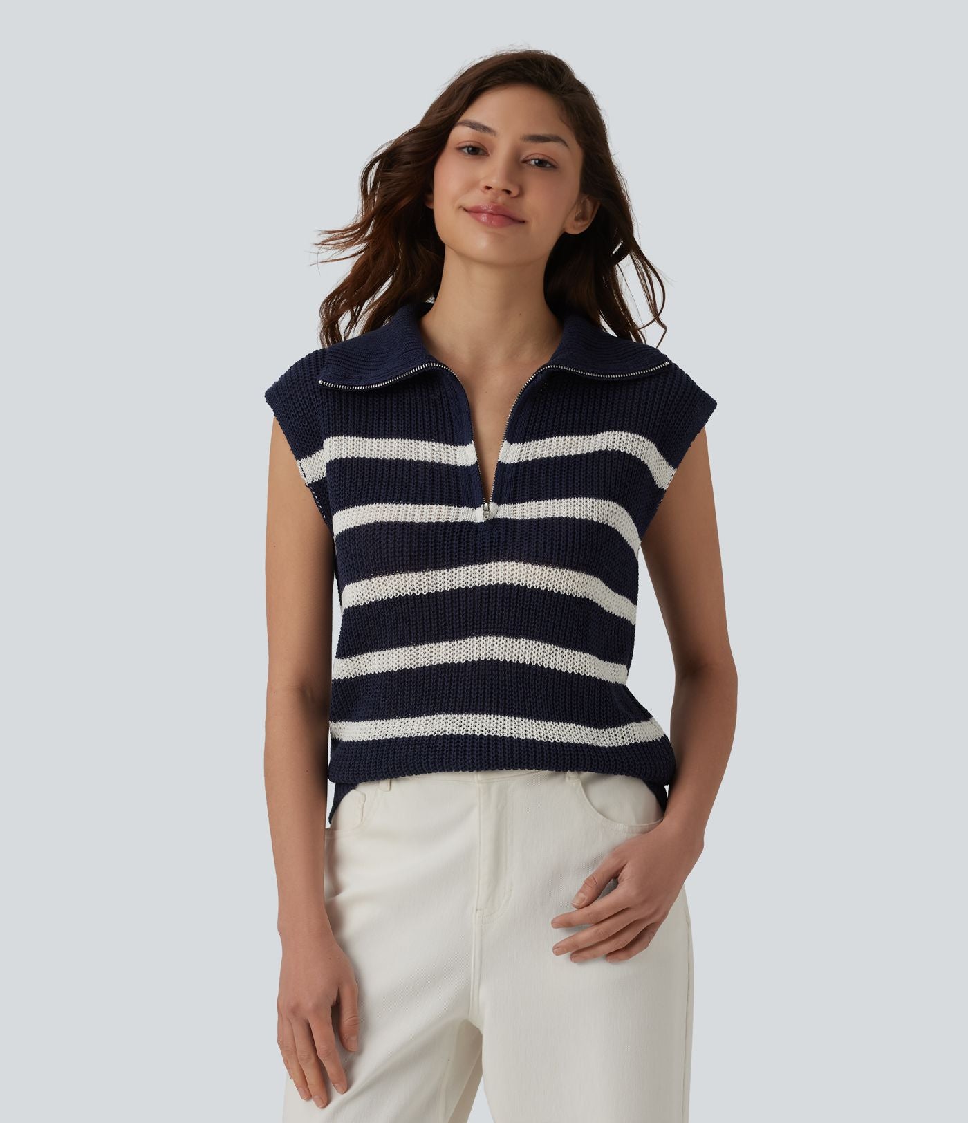 Pull décontracté sans manches demi-zip à rayures