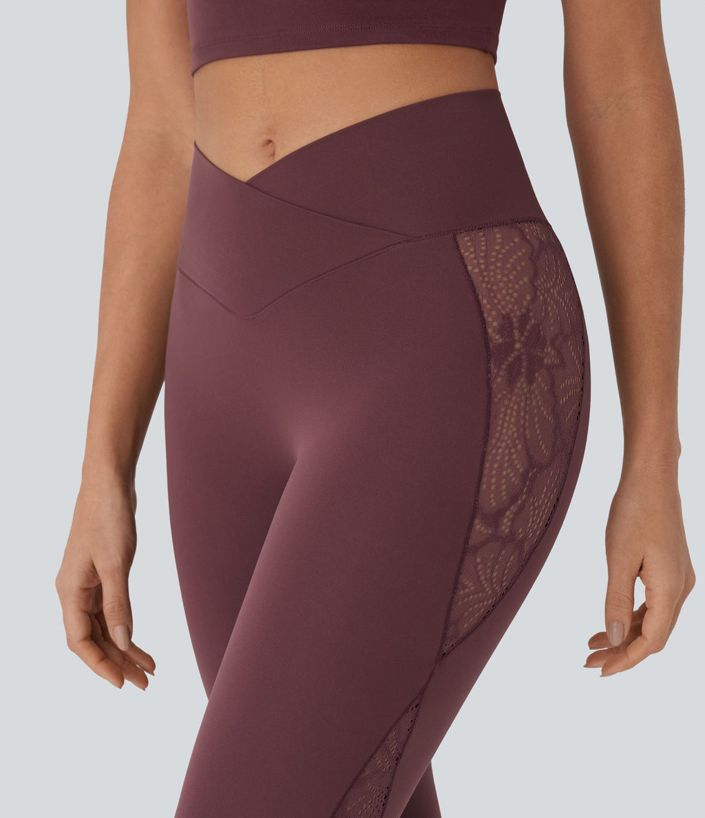 Softlyzero™ Legging Yoga 7/8 Taille Haute avec Poche au Dos Découpe Croisée et Dentelle Contrastante