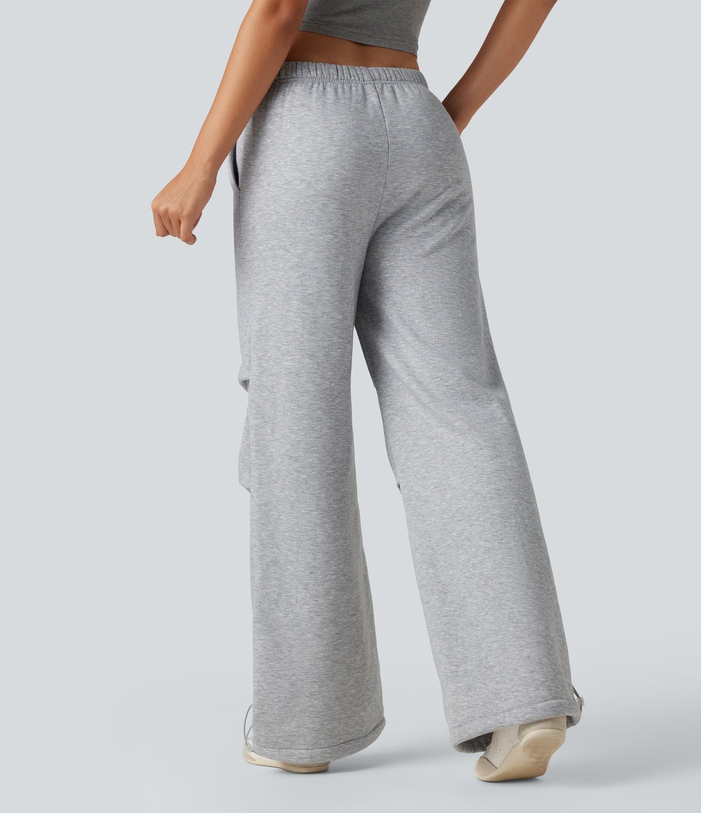 Pantalon large polaire taille haute avec cordon de serrage, fronces et poches