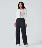 Pantalon chenille gaufré coupe droite taille mi-haute avec poches