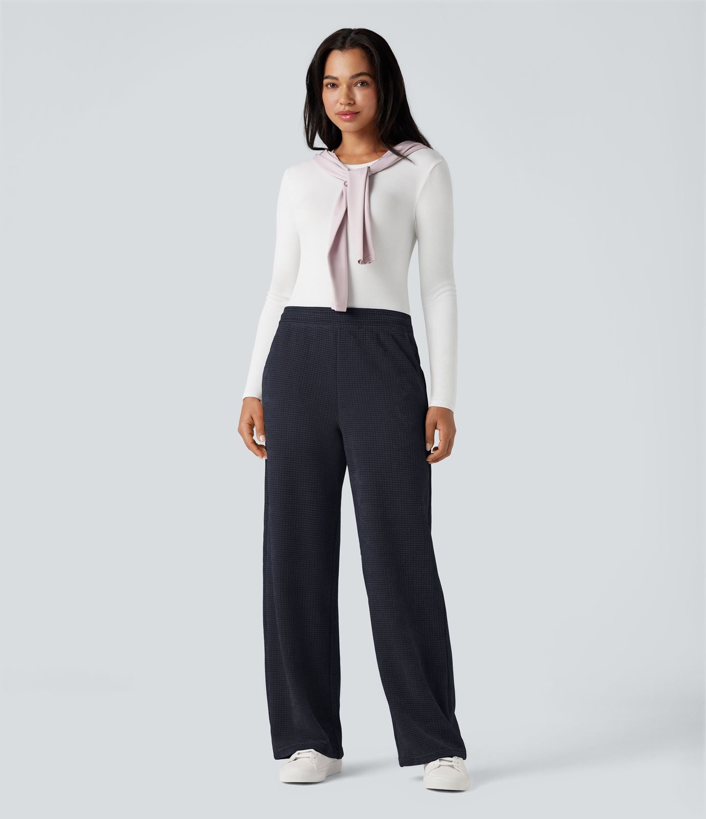 Pantalon chenille gaufré coupe droite taille mi-haute avec poches