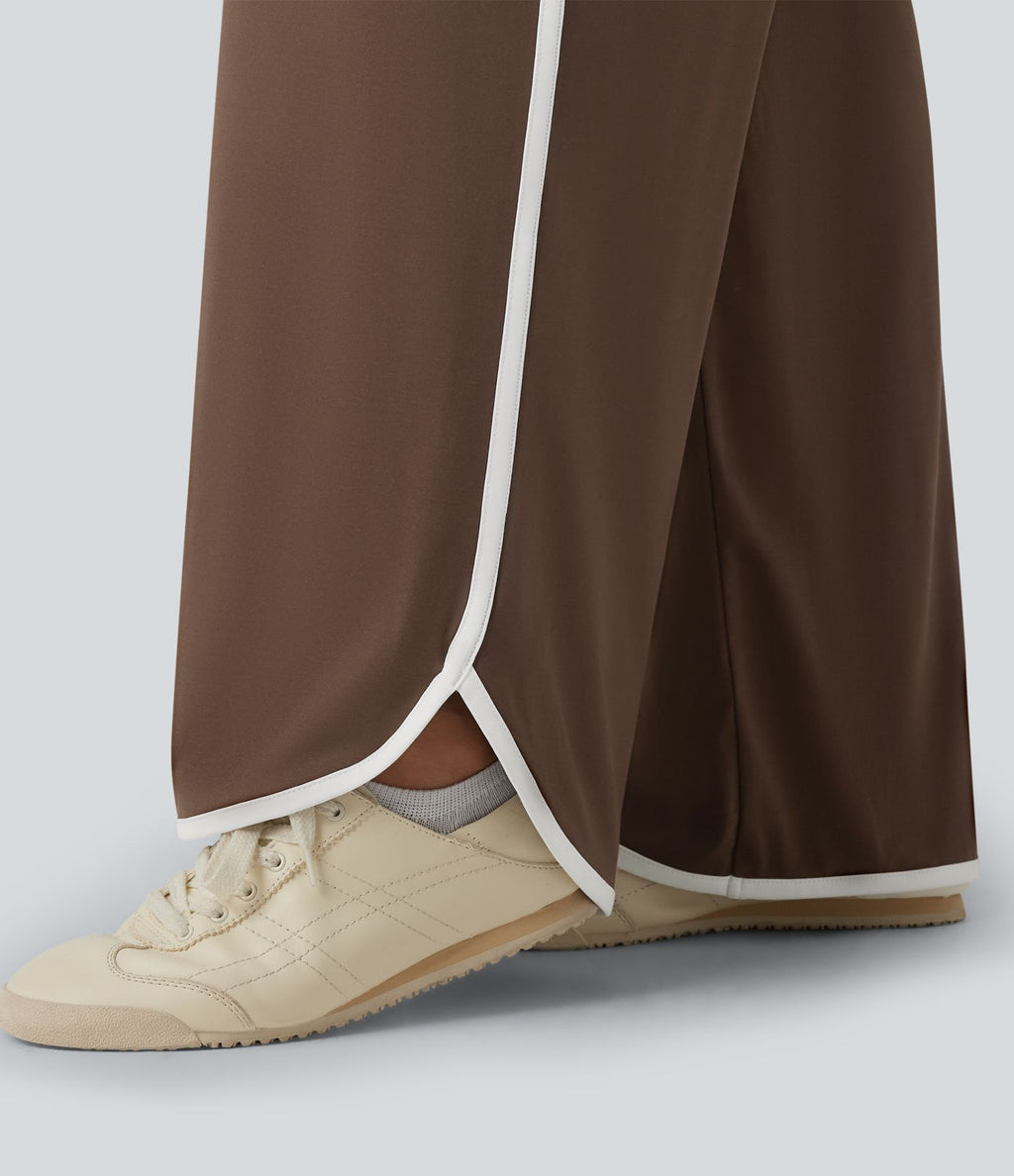 Pantalon large casual color block taille haute à ourlet arrondi avec poches