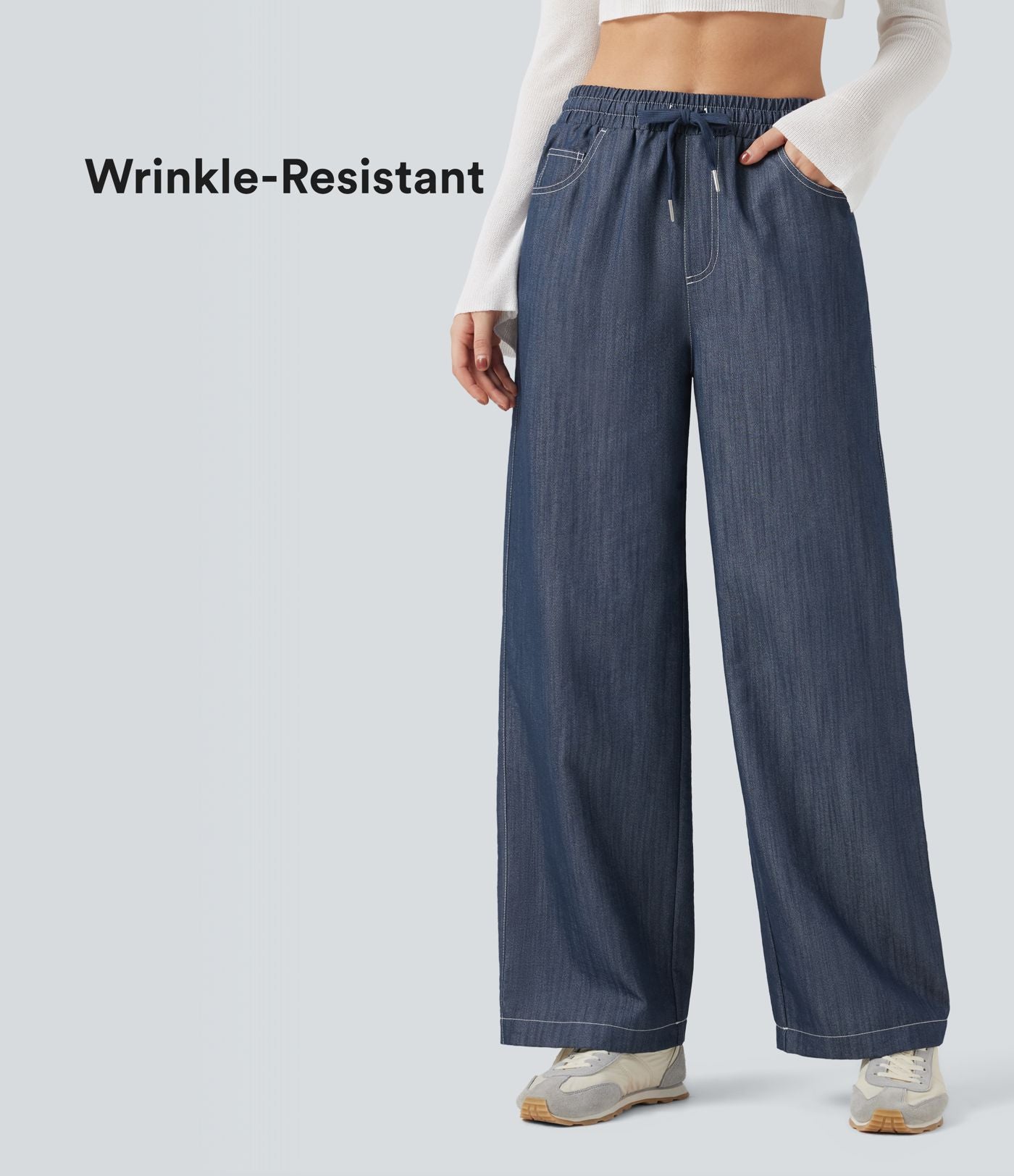 Pantalon décontracté large effet lin taille haute infroissable avec cordon et poches