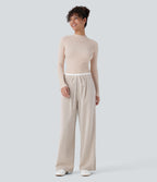 Pantalon décontracté jambe large bicolore double épaisseur, taille basse avec poches latérales