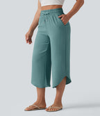Pantalon casual 7/8 taille haute aspect lin à cordon de serrage et ourlet arrondi avec poches