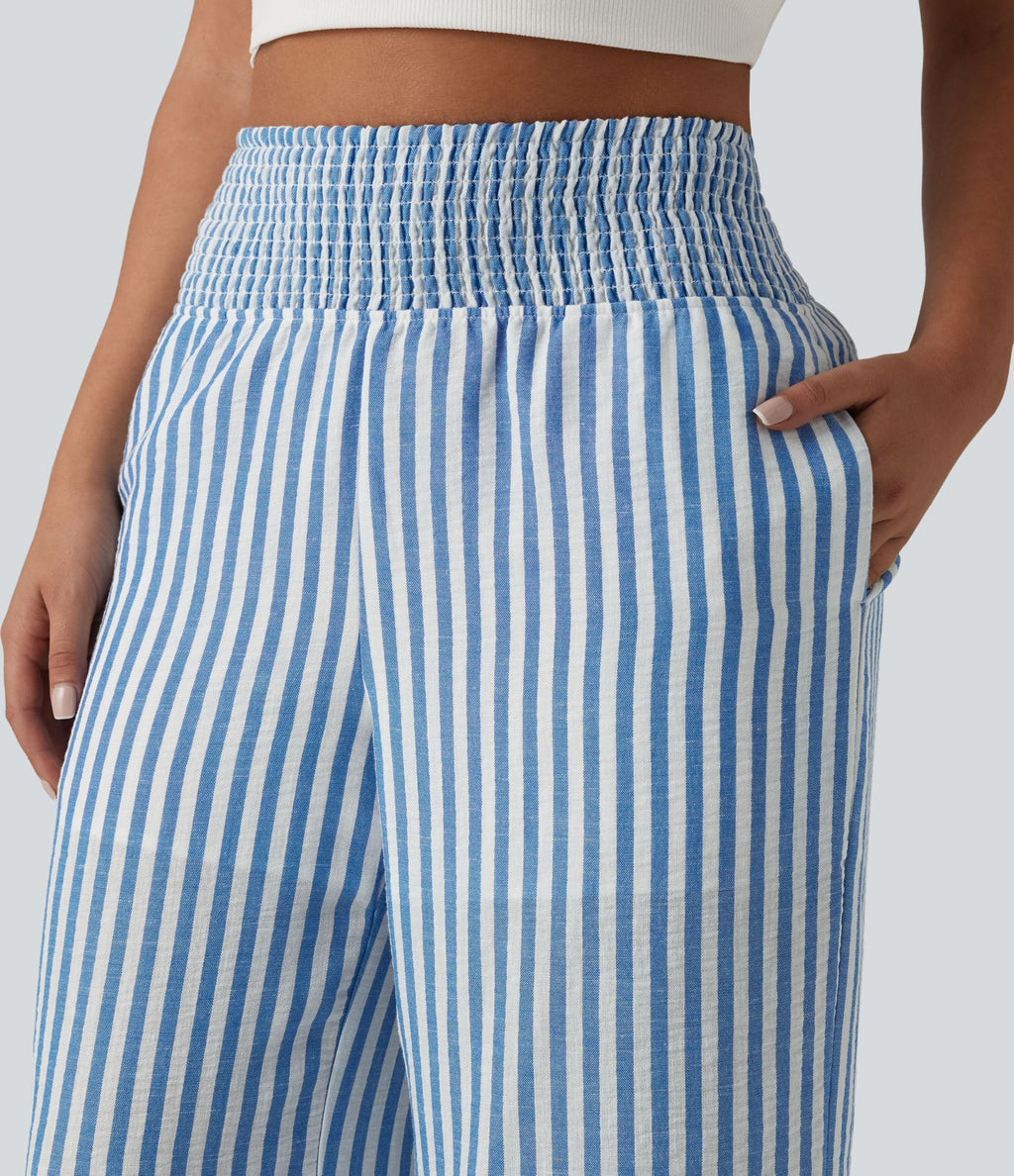 Pantalon coupe droite décontracté 2 en 1 taille haute froncé à rayures aspect lin avec poches