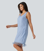 Robe mini sans manches col V avec ourlet à franges