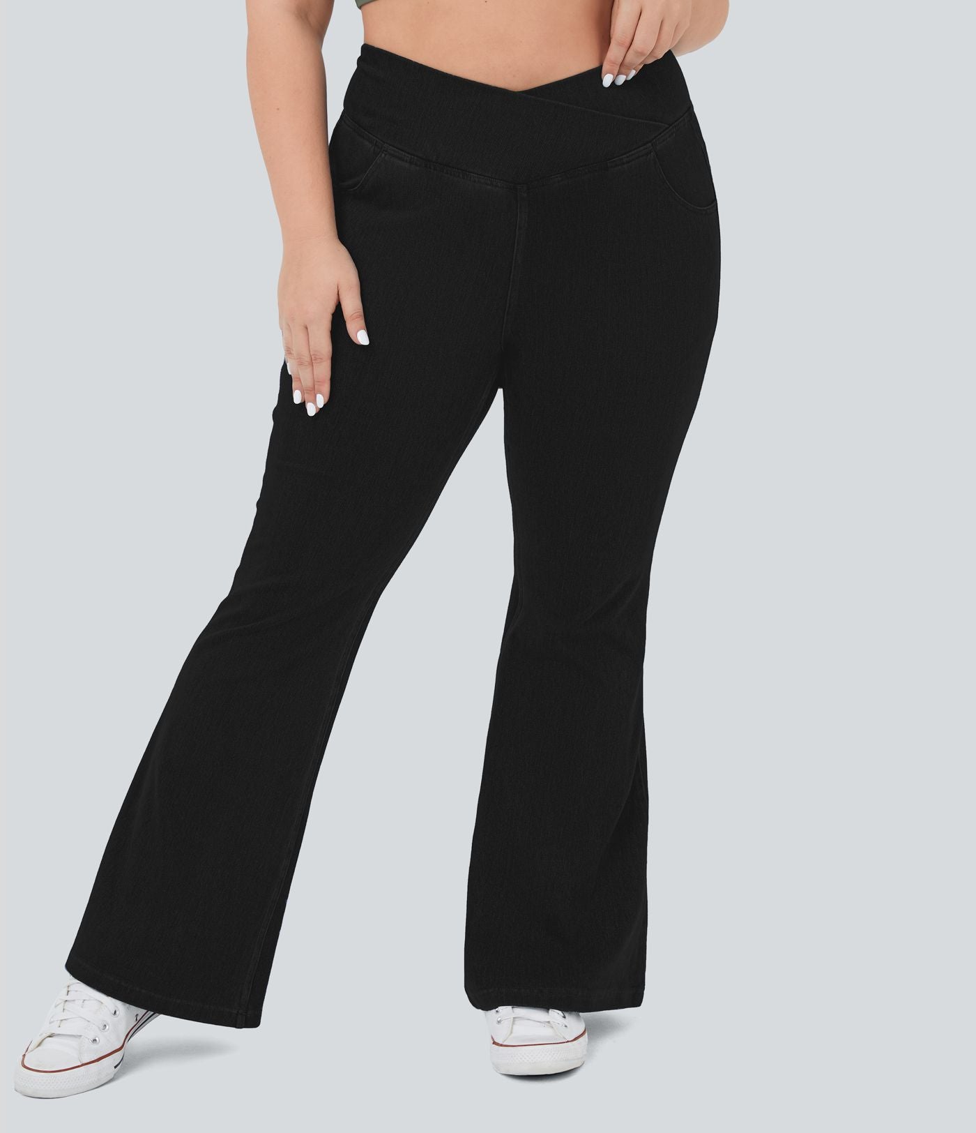 Jean super évasé Halara Flex™ grande taille en maille denim extensible délavée taille haute avec poches croisées effet frais InstantCool respirant