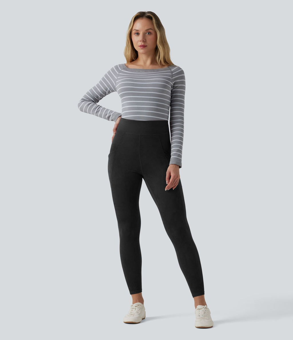 Legging casual taille haute en daim avec poches