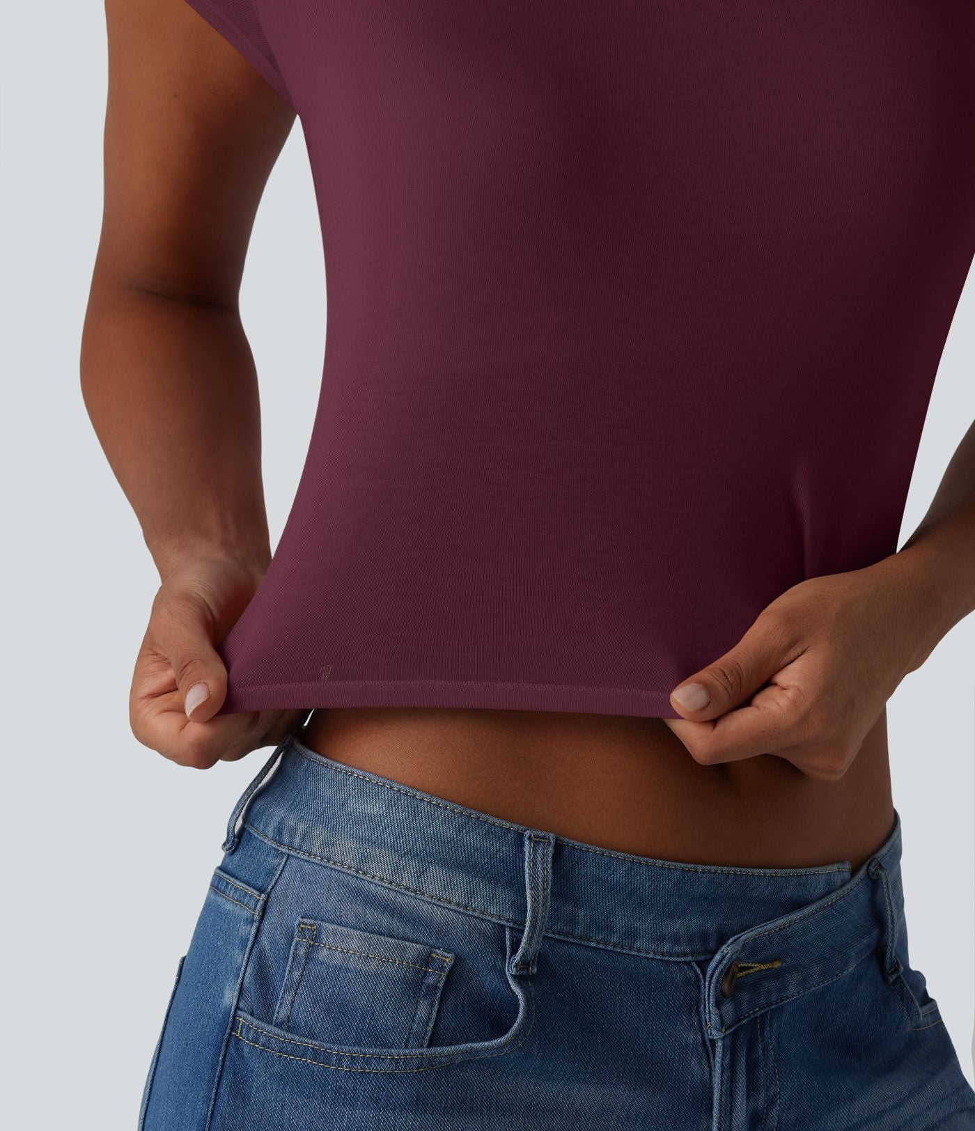 T-shirt crop décontracté côtelé dos nu à nouer avec soutien-gorge intégré manches courtes