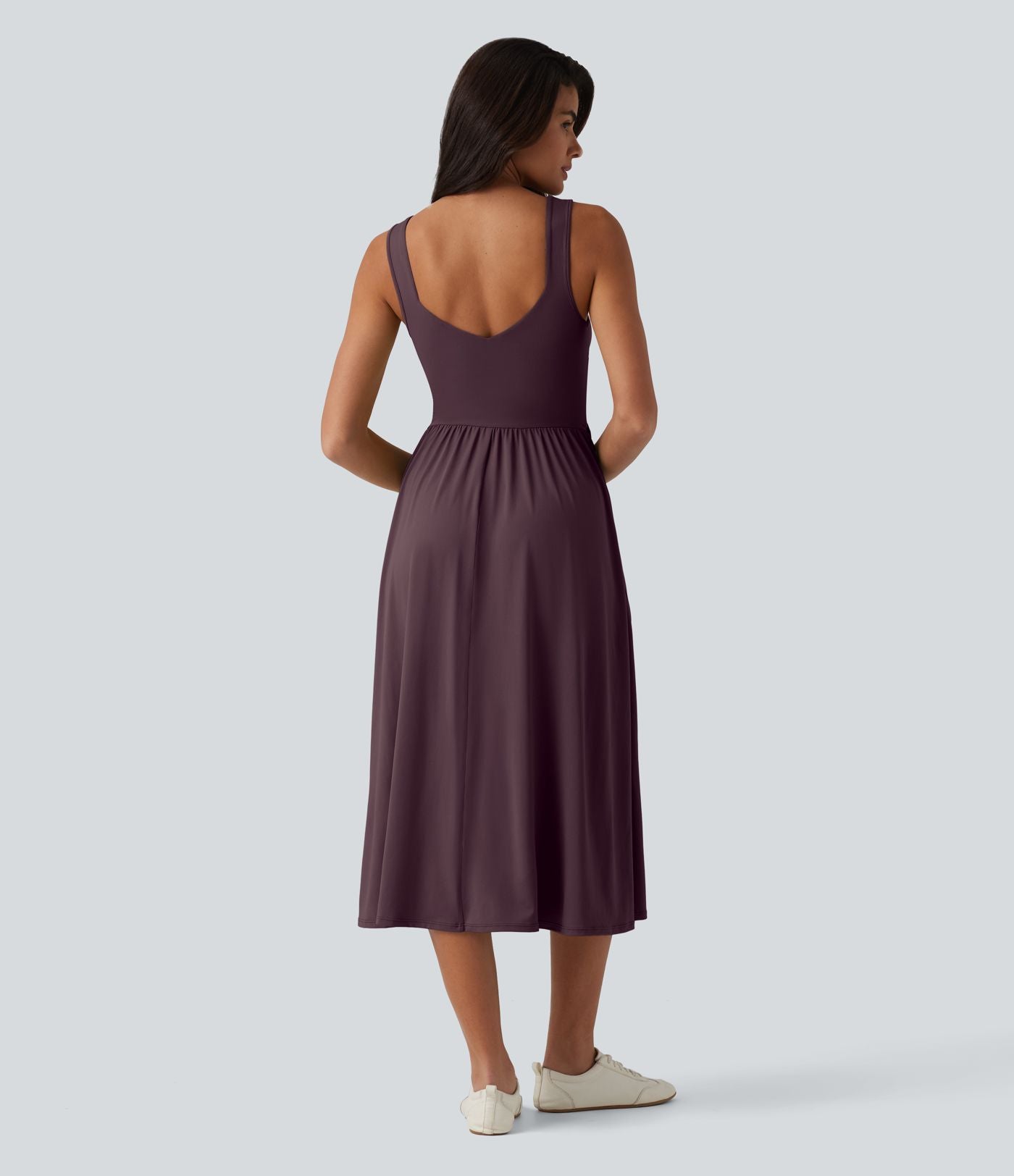 Robe midi fluide sans manches dos croisé, avec brassière intégrée (Bonnets E-G) et poches