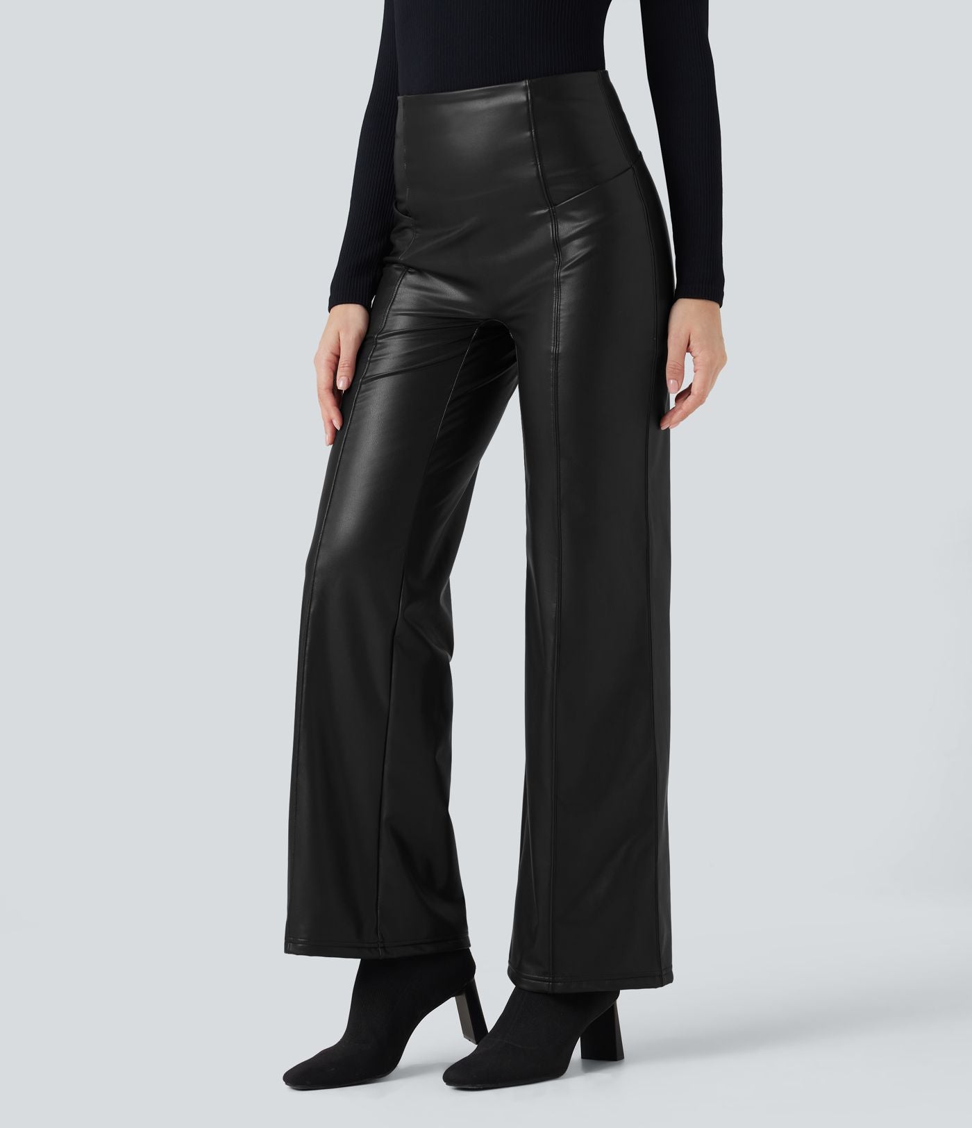 Pantalon similicuir évasé gainant taille haute stretch avec poches