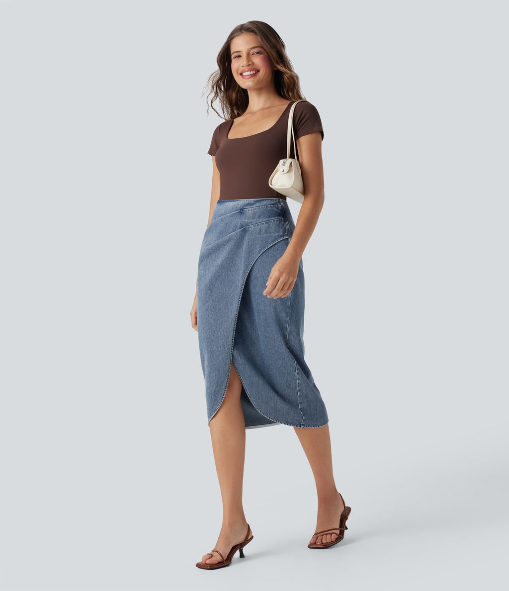 Halara Flex™ Jupe en Jean midi délavé taille haute avec zip dos, effet drapé et ourlet tulipe