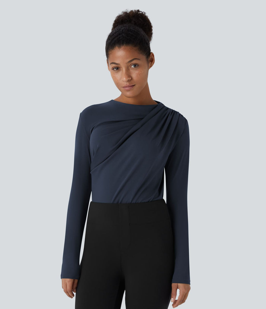 Cowl Neck Ruched Long Sleeve Slim Work Top