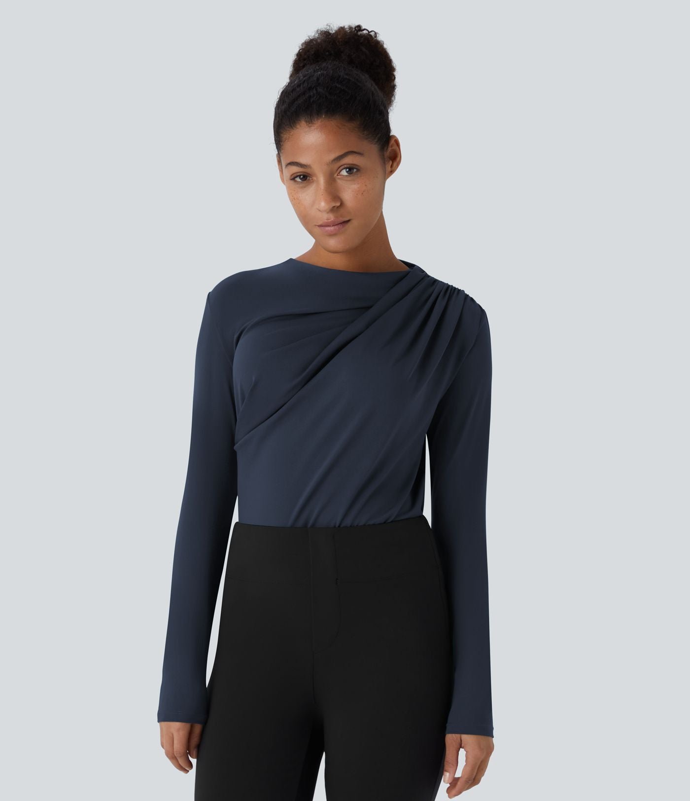 Cowl Neck Ruched Long Sleeve Slim Work Top